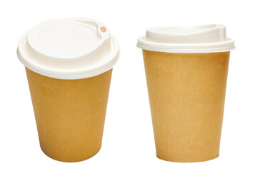 Brown paper cup from recycle paper and white plastic lid for hot coffee take away.  Clean blank paper cup mockup isolated on white background.