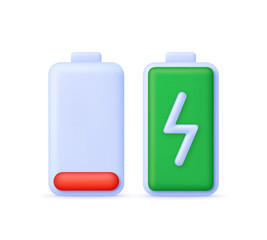 3D Battery charge indicator. Battery charge from low to high. Discharged and charged battery.