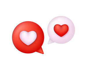 3D Social media notification love like heart icon. Message dialog button with red heart.