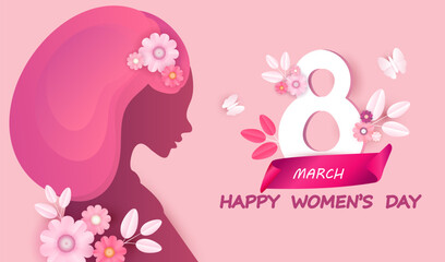 Happy women's day 8 march vector background with paper cut flowers hair and women face. International lady holiday illustration. Spring pink design.