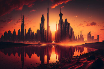 Naklejka premium Sunset landscape city with generative AI technology