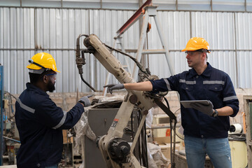 Group of male engineer workers discuss and working, checking, repair, maintenance automatic welding robot arm machine at production line in the industry factory
