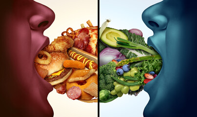 Wholesome Versus Unhealthy Food and Nutrition choice or diet decision concept and eating choices between healthy fresh fruit and vegetables or greasy cholesterol fast food