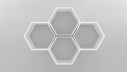 Four empty hexagon shelves on white wall 3D mockup. Shop, gallery plastic or wooden showcase to present product. Blank retail storage space. Interior design furniture. Living room bookshelf