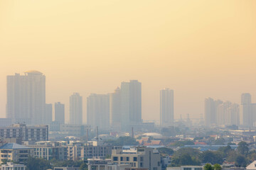 Cityscape with height buildings and construction works, Smog or dust PM 2.5 (Particulate matter...
