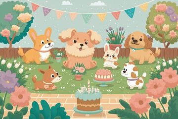Card for birthday dog party or garden puppy picnic with happy dog