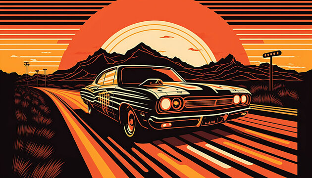 vintage retro style illustration of a retro sport super car on road at sunset sunrise sky with speed lines background, new quality transport stock image wallpaper design, Generative AI