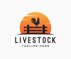 Chicken farm logo design vector illustration. Rooster on fence vintage logo design. Livestock logo design