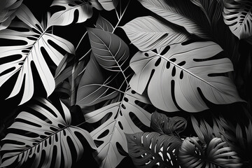 Abstract tropical palm leaf black and white monochrome background. AI