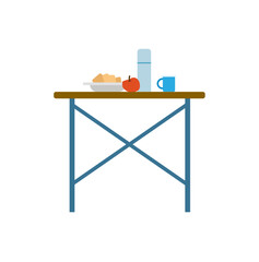 Picnic table served by meal in plate and apple, thermos and cup. Objects for tourism or trip, dinning outdoor, design elements of dishware vector