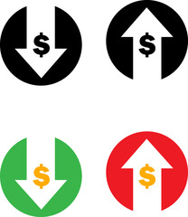 set of cost symbol dollar increase and decrease icon, money, dollar sign with arrow up and down rounded black vector icon