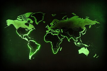 World map with the dark green and black colour theme and used 