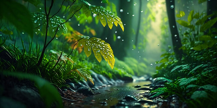 Rain falls in the forest. Shot from below on trees and leaves. Raindrops run down the plants. Horizontal illustration. Sunny day, warm light. Seasonal background mood. Spring or summer. Generative AI.