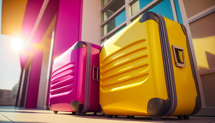 Two exclusive modern suitcases stand outside a hotel or airport. Business trip. Going on a trip, vacation. Blank free copy space on bags. sunny day. Empty place. Generative AI.