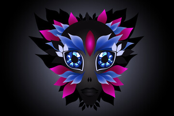 Isoteric, magical, mystical, fairy tale face of an avatar, an alien creature in rich pink and blue colors on a black background.Beautiful mythical woman portrait, fashion abstract logo