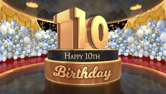 10th Birthday backdrop, poster, flyer 3d render illustration in gold with balloons and fireworks background