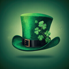 St Patricks Day hat with clover illustration on green background. AI