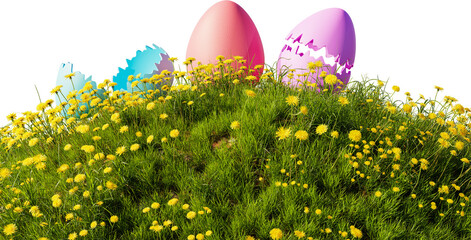 Grass hill and Easter eggs. Colorful eggs in the grass, 3d rendering. Transparent background, PNG file