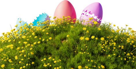 Grass hill and Easter eggs. Colorful eggs in the grass, 3d rendering. Transparent background, PNG file