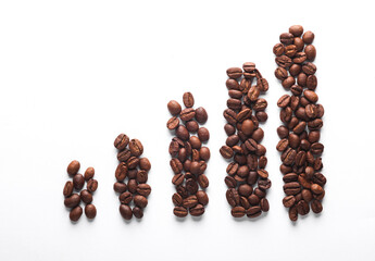 Bar chart made from coffee beans on white background