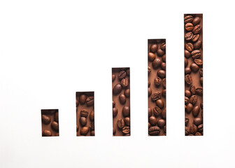 Bar chart made from coffee beans on white background