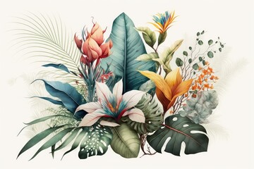 "Tropical Bouquet": This image features a stunning bouquet of exotic plants and tropical flowers. The bright colors and unique shapes of the flowers create a striking composition.