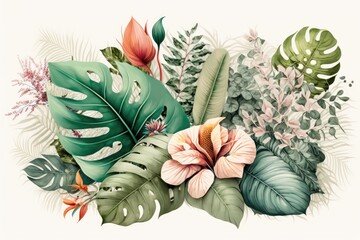 "Tropical Bouquet": This image features a stunning bouquet of exotic plants and tropical flowers. The bright colors and unique shapes of the flowers create a striking composition. Generative ai.