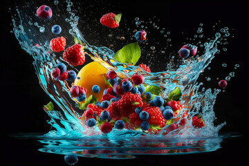 Fruit falling into clear water creates a splash. Close-up on a dark and moody background. Studio lighting. Advertising illustration. Food photography style. Macro shot. Generative AI.