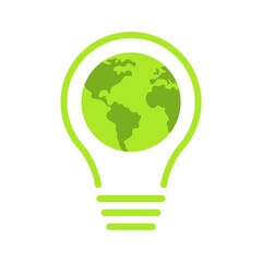 Ecological light bulb with nature energy logo. Ecological world, earth, energy saving lamp symbol. Vector illustration.