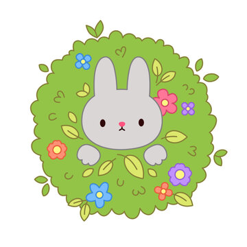 gray bunny peeking from green bush clip art preview