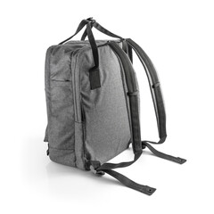 Grey backpack for everyday use with different pockets and laptop compartment. Side view on white background.