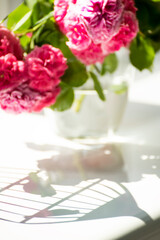 Abstract photo of a bouquet of pink roses and a shadow on a white surface from a cage with birds. Focus on shadows.