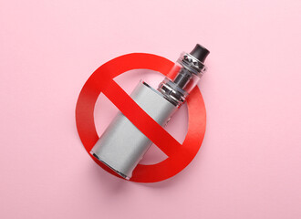Vaping device with a prohibition sign on a pink background. Smoking ban