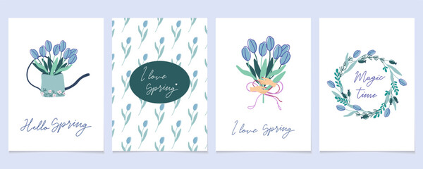 Hello Spring greeting card set with flowers and handwritten lettering. Minimalist style modern vector prints in soft colors. © danielekaterina
