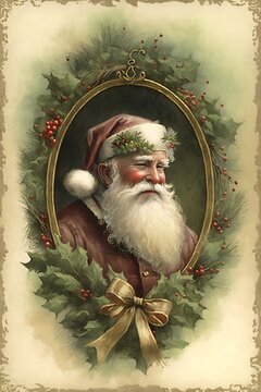 vintage christmas greeting card of Santa in a golden frame with foliage generative ai 