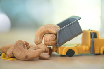 Fresh roasted and salted cashew nuts on toy trucks for import or export. The concept of small business. Quality control