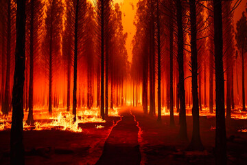 Fototapeta premium Forest fire in progress. Generative AI