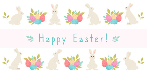 Happy easter horizontal web banner with bunny and eggs. Minimalism style.