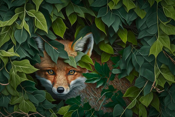 Red fox hiding behind bush. Generative AI