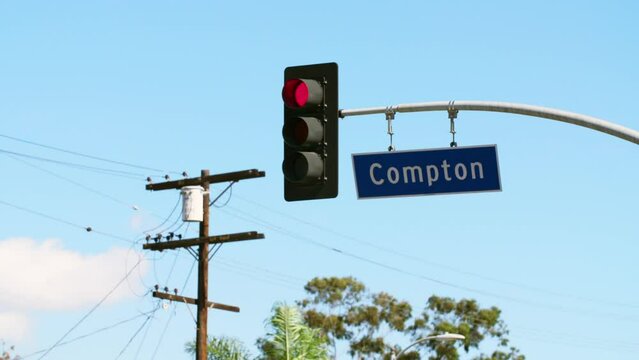 Lockdown And Focal Transition To A Red Light And A Compton Street Sign  - Los Angeles, California