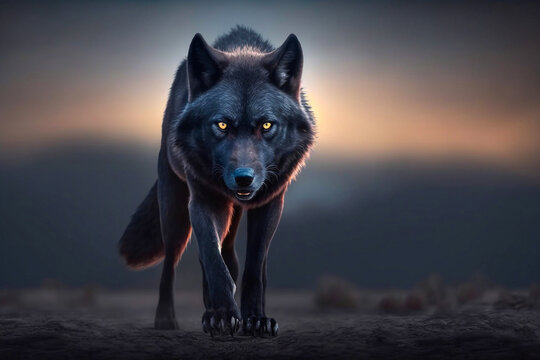 Photo of a black wolf in a wild nature. Generative AI