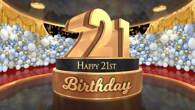 21st Birthday backdrop, poster, flyer 3d render illustration in gold with balloons and fireworks background
