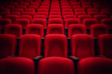 Rows of red cinema or theater seats. Generative AI