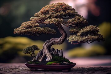 Fototapeta premium Beautiful bonsai tree in the garden. Generative AI, Generative, AI