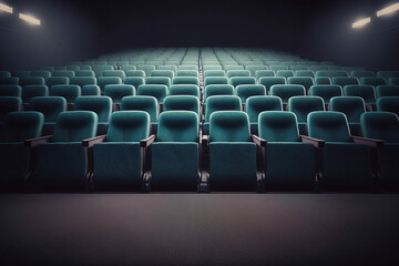 Rows of empty red cinema seats. Generative AI