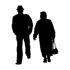 Senior silhouette isolated on white background. Old couple walk outdoors. Grandfather and grandmother together. Two elderly people walking along street. Mature pair. Stock vector illustration