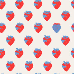 I love strawberries. Seamless pattern for websites and print. Trendy cute red strawberry on a beige background. The concept of love and Valentine's day. Hand drawing for greeting cards, print.