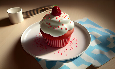 Strawberry cupcake with red sprinkles on a table with decorations. Birthday. Celebration. Dessert. Baking - Generated by Generative AI
