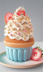 Pink cream cupcake with strawberries on a plate with a white wall. Confectionery pastry with sprinkles. 3d Illustration of sweetness - Generated by Generative AI
