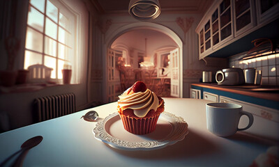 Cupcake with beige cream and strawberries on a plate against a blurry kitchen . Pastry. 3d Illustration of sweetness - Generated by Generative AI
